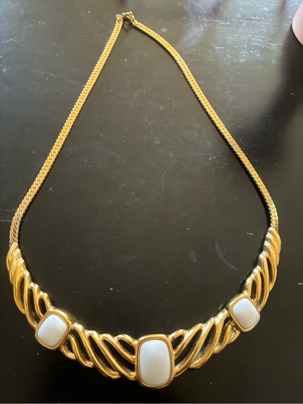 Elegant Gold-Tone Necklace with White Cabochon Accents